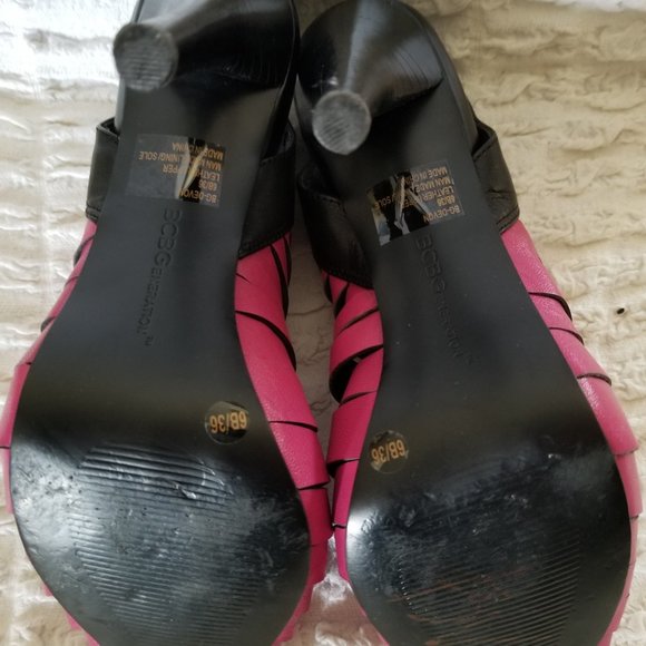 BCBG Pink & Black leather 6B/36 4.5" w/.5" platform open toe slingback heels - Picture 3 of 5